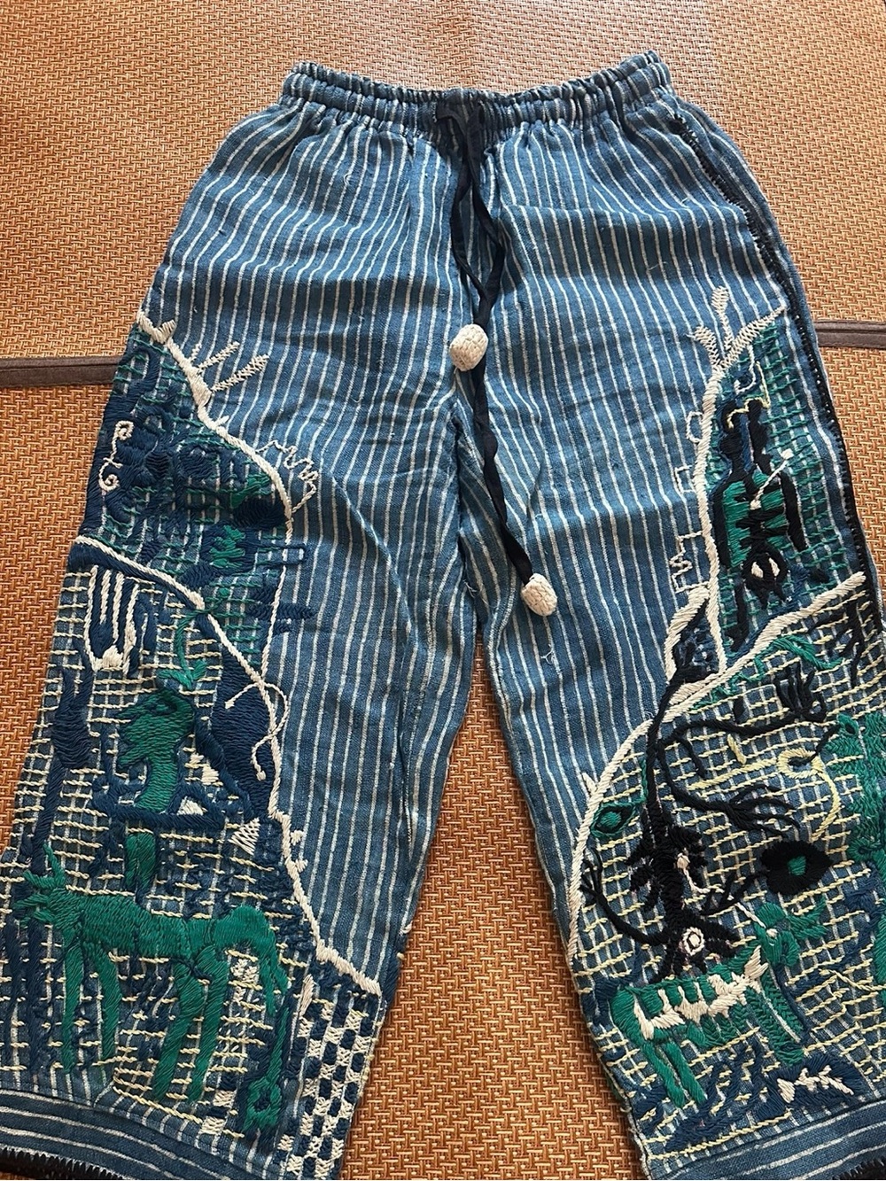Like NEW Handmade in Thailand plant dye linen Pants with Stitchwork